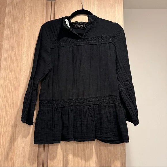 Zara Women Black Bohemian Blouse Lace Detail - L - Picture 2 of 7